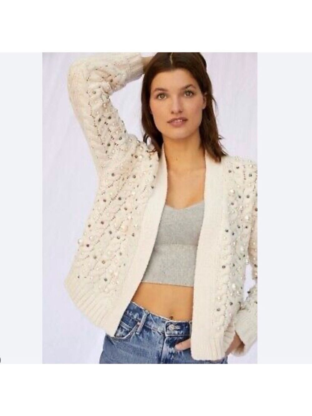 Anthropologie Embellished Pearl Cable Knit Cardigan Sweater Cream Ivory One Size